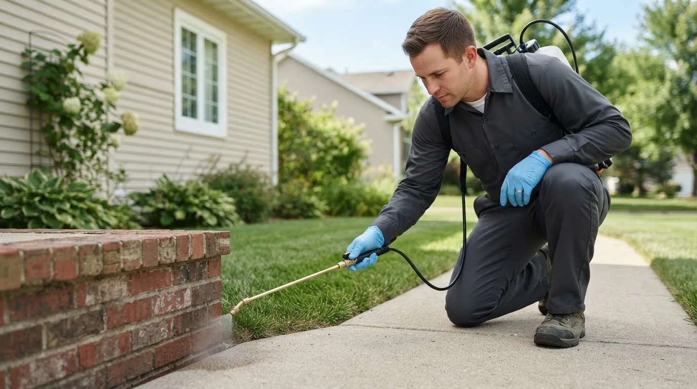 Pest control technician treating a home near Belle Plaine, MN